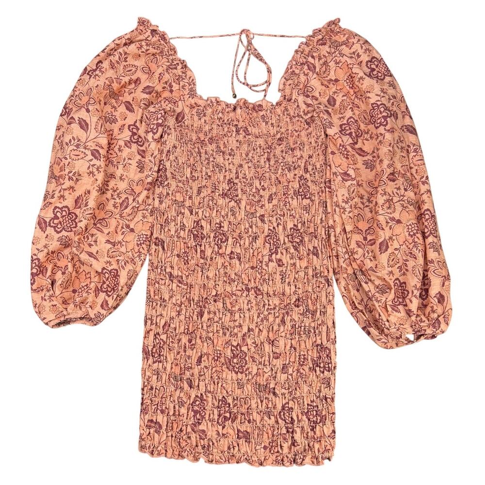 FREE PEOPLE Smock It To Me Mini Dress Size Medium Apricot Combo - Picture 3 of 7